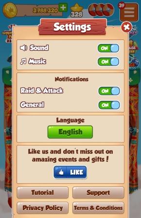 Coin Master settings for Sound Music Notifications and Language